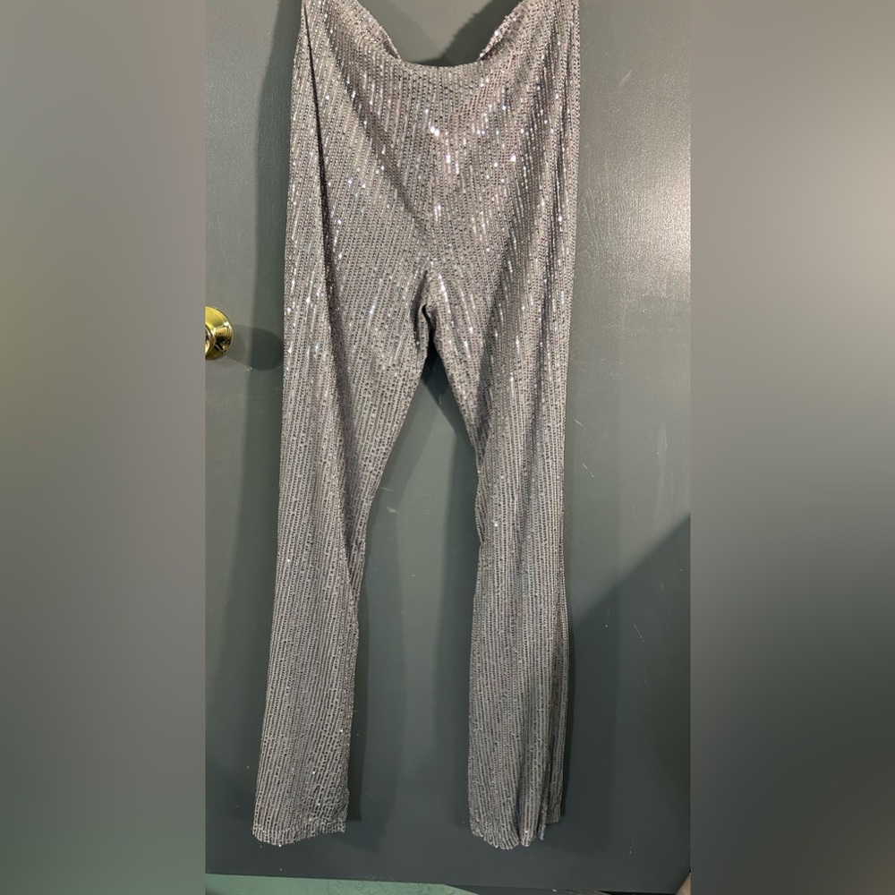 Showpo silver sequin flare pants, size 10, new with tags